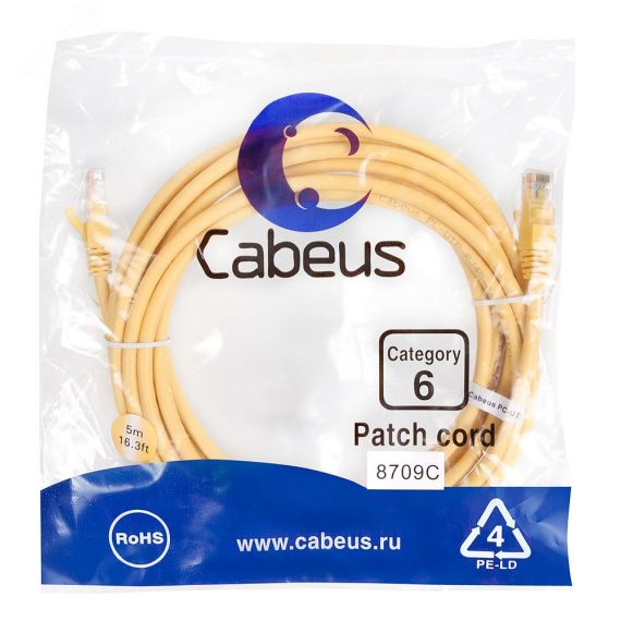Патч-корд U/UTP, категория 6, 2xRJ45/8p8c, неэкранированный, желтый, PVC, 5м Cabeus PC-UTP-RJ45-Cat.6-5m-YL