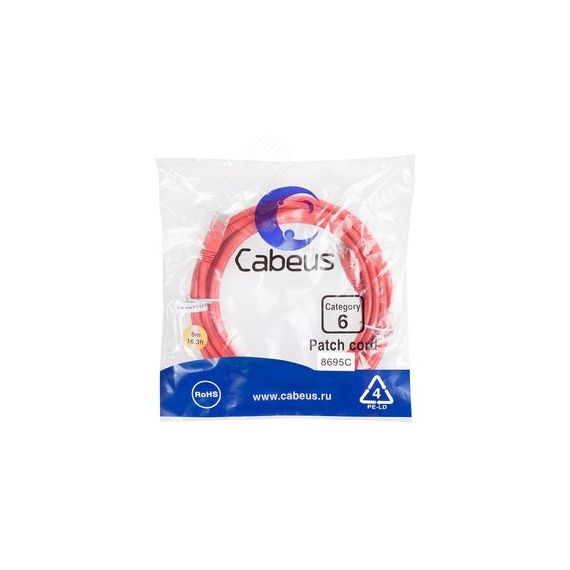 Патч-корд U/UTP, категория 6, 2xRJ45/8p8c, неэкранированный, красный, PVC, 5м Cabeus PC-UTP-RJ45-Cat.6-5m-RD