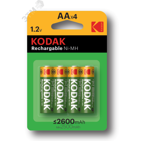 Аккумуляторы NiMH (никель-металлгидридные) Kodak HR6-4BL 2600mAh [KAAHR-4] (80/640/15360) KODAK Б0007871