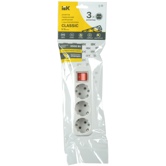 Розетка переносная разборная с заземлением с выключателем К03В 3 места CLASSIC IEK Розетка переносная разборная с заземлением с выключателем К03В 3 места CLASSIC IEK