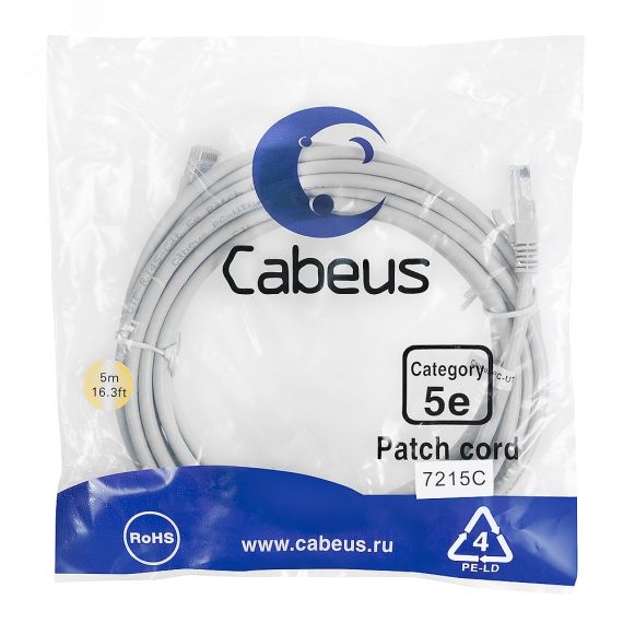 Патч-корд U/UTP, категория 5е, 2xRJ45/8p8c, неэкранированный, серый, PVC, 5м Cabeus PC-UTP-RJ45-Cat.5e-5m