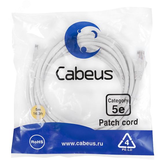 Патч-корд U/UTP, категория 5е, 2xRJ45/8p8c, неэкранированный, белый, PVC, 5м Cabeus PC-UTP-RJ45-Cat.5e-5m-WH