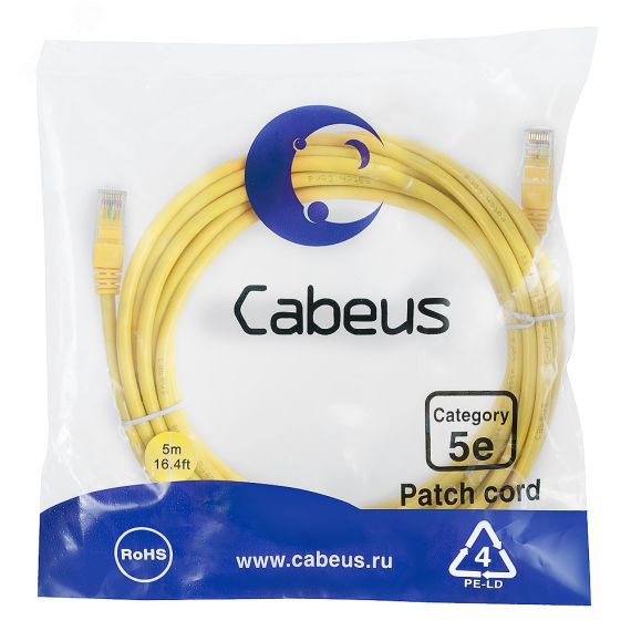 Патч-корд U/UTP, категория 5е, 2xRJ45/8p8c, неэкранированный, желтый, PVC, 5м Cabeus PC-UTP-RJ45-Cat.5e-5m-YL