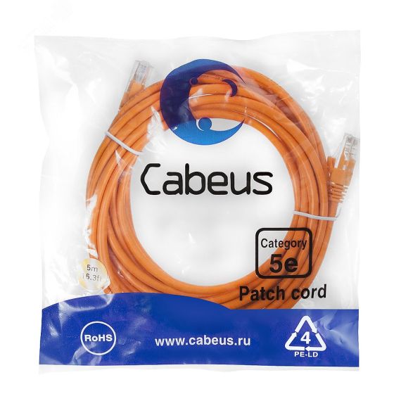 Патч-корд U/UTP, категория 5е, 2xRJ45/8p8c, неэкранированный, оранжевый, PVC, 5м Cabeus PC-UTP-RJ45-Cat.5e-5m-OR