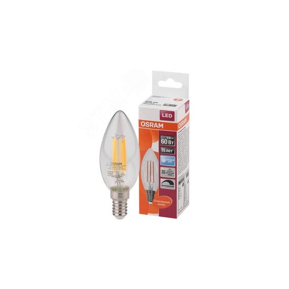 Лампа светодиодная LED 5Вт E14 CLB60D белый, Filament диммируемая,прозр.свеча OSRAM LEDVANCE 4058075230385