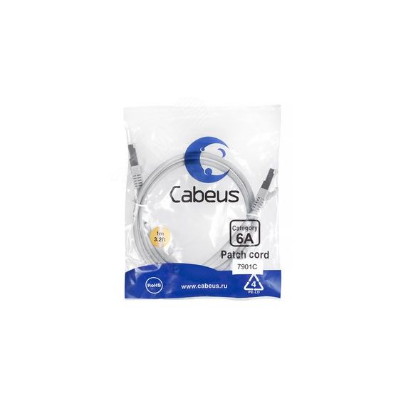 Патч-корд S/FTP, категория 6а (10G), 2xRJ45/8p8c, экранированный, серый, LSZH, 1м Cabeus PC-SSTP-RJ45-Cat.6a-1m-LSZH