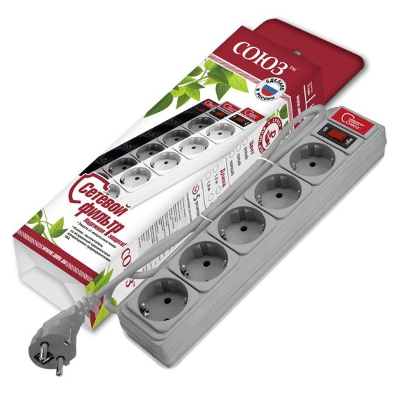 Сетевой фильтр ''СОЮЗ'' ПВС 3*0,75 5гн., 1,5м, вы ключатель с индикацией, с/з, серый, премиум упаковка Универсал 1328.