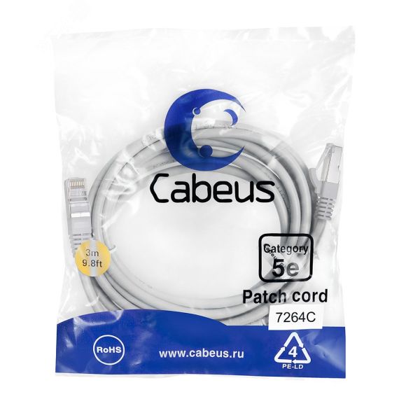 Патч-корд F/UTP, категория 5е, 2xRJ45/8p8c, экранированный, серый, PVC, 3м Cabeus PC-FTP-RJ45-Cat.5e-3m