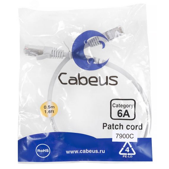 Патч-корд S/FTP, категория 6а (10G), 2xRJ45/8p8c, экранированный, серый, LSZH, 0.5м Cabeus PC-SSTP-RJ45-Cat.6a-0.5m-LSZH