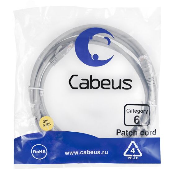 Патч-корд U/UTP, категория 6, 2xRJ45/8p8c, неэкранированный, серый, PVC, 3м Cabeus PC-UTP-RJ45-Cat.6-3m