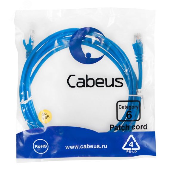 Патч-корд U/UTP, категория 6, 2xRJ45/8p8c, неэкранированный, синий, PVC, 3м Cabeus PC-UTP-RJ45-Cat.6-3m-BL