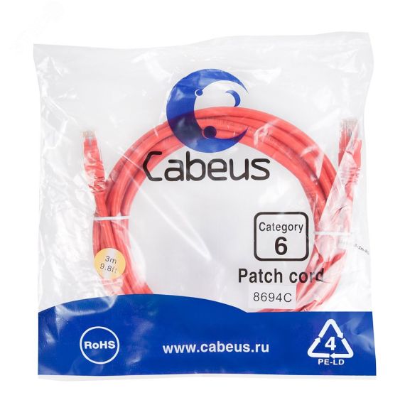 Патч-корд U/UTP, категория 6, 2xRJ45/8p8c, неэкранированный, красный, PVC, 3м Cabeus PC-UTP-RJ45-Cat.6-3m-RD