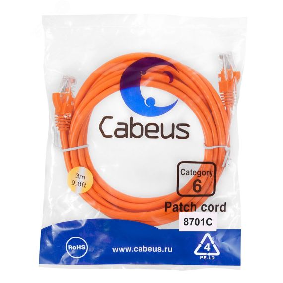 Патч-корд U/UTP, категория 6, 2xRJ45/8p8c, неэкранированный, оранжевый, PVC, 3м Cabeus PC-UTP-RJ45-Cat.6-3m-OR