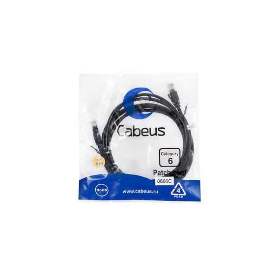 Патч-корд U/UTP, категория 6, 2xRJ45/8p8c, неэкранированный, черный, PVC, 3м Cabeus PC-UTP-RJ45-Cat.6-3m-BK