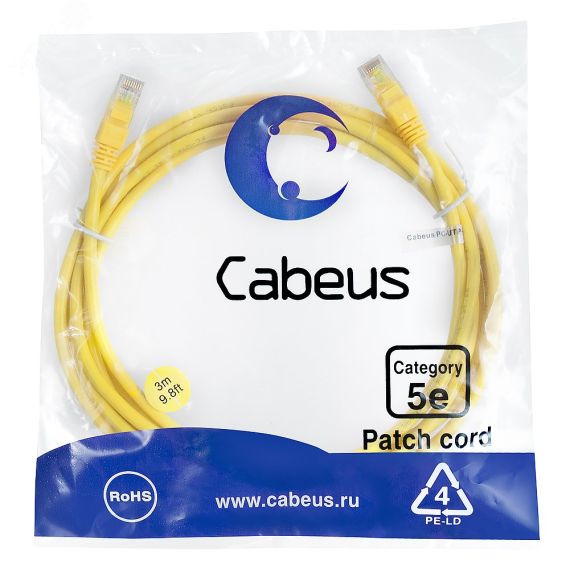 Патч-корд U/UTP, категория 5е, 2xRJ45/8p8c, неэкранированный, желтый, LSZH, 3м Cabeus PC-UTP-RJ45-Cat.5e-3m-YL-LSZH