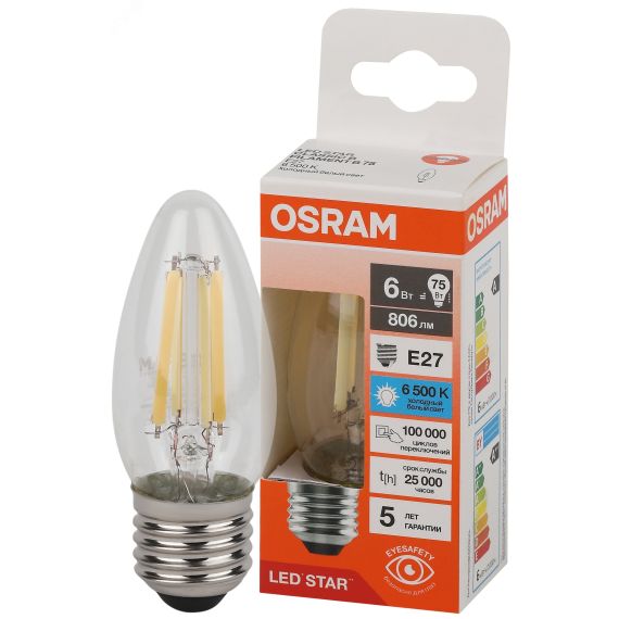 Лампа светодиодная филаментная LED Star Свеча 6Вт (замена 75Вт), 806Лм, 6500К, цоколь E27 OSRAM LEDVANCE 4058075688100