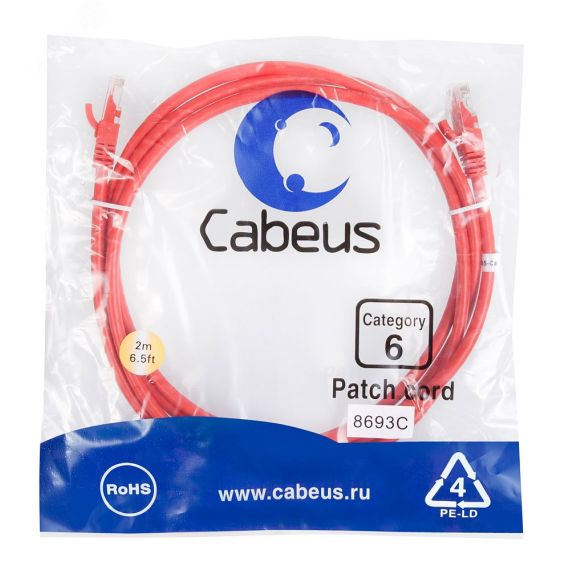 Патч-корд U/UTP, категория 6, 2xRJ45/8p8c, неэкранированный, красный, PVC, 2м Cabeus PC-UTP-RJ45-Cat.6-2m-RD