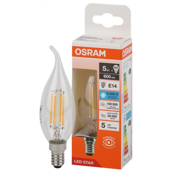 Лампа светодиодная филаментная LED Star Свеча на ветру 5Вт (замена 60Вт), 600Лм, 6500К, цоколь E14 OSRAM LEDVANCE 4058075688131