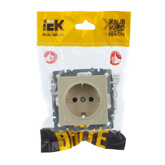 BRITE Розетка 1-местная с заземлением с защитными шторками 16А РС14-1-0-БрКр бежевый IEK
