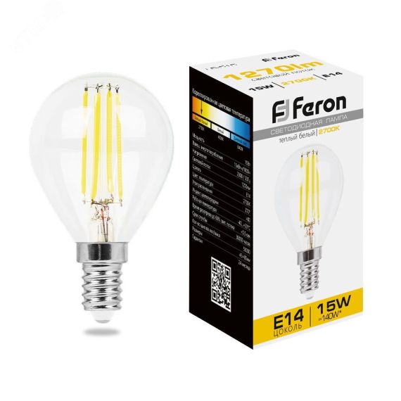 Лампа светодиодная LED 15вт Е14 теплый шар FILAMENT FERON LB-515 38249