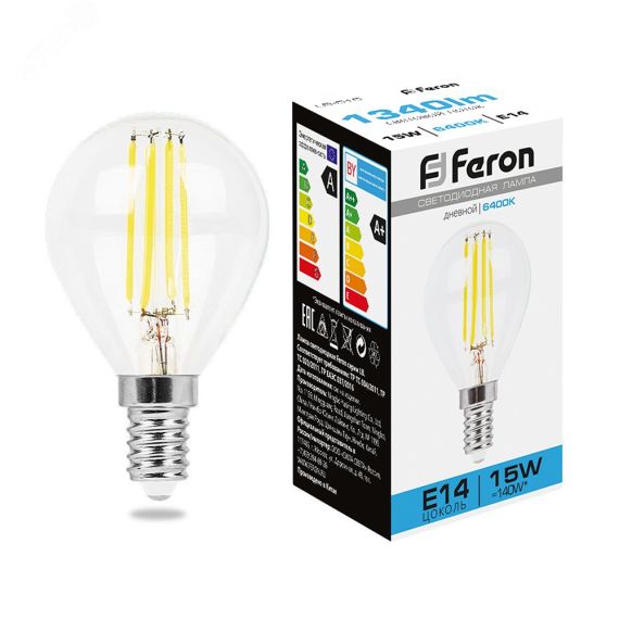 Лампа светодиодная LED 15вт Е14 дневной шар FILAMENT FERON LB-515 38251