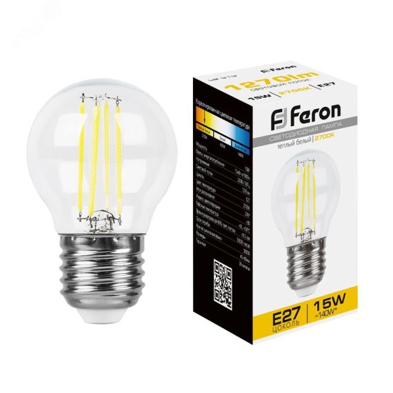 Лампа светодиодная LED 15вт Е27 теплый шар FILAMENT FERON LB-515 38252