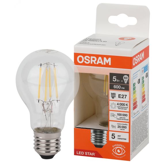 Лампа светодиодная филаментная LED Star Грушевидная 5Вт (замена 60Вт), 600Лм, 4000К, цоколь E27 OSRAM LEDVANCE 4058075684034