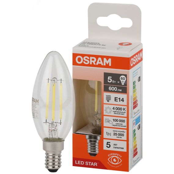 Лампа светодиодная филаментная LED Star Свеча 5Вт (замена 60Вт), 600Лм, 4000К, цоколь E14 OSRAM LEDVANCE 4058075684782