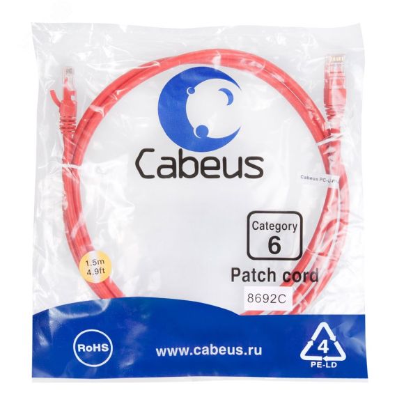 Патч-корд U/UTP, категория 6, 2xRJ45/8p8c, неэкранированный, красный, PVC, 1.5м Cabeus PC-UTP-RJ45-Cat.6-1.5m-RD
