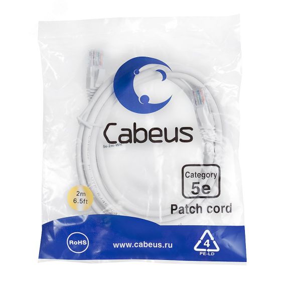Патч-корд U/UTP, категория 5е, 2xRJ45/8p8c, неэкранированный, белый, PVC, 2м Cabeus PC-UTP-RJ45-Cat.5e-2m-WH