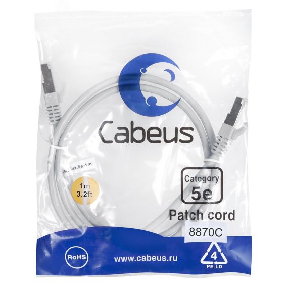 Патч-корд F/UTP, категория 5е, 2xRJ45/8p8c, экранированный, серый, LSZH, 1м Cabeus PC-FTP-RJ45-Cat.5e-1m-LSZH