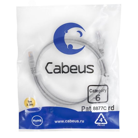 Патч-корд U/UTP, категория 6, 2xRJ45/8p8c, неэкранированный, серый, LSZH, 1м Cabeus PC-UTP-RJ45-Cat.6-1m-LSZH