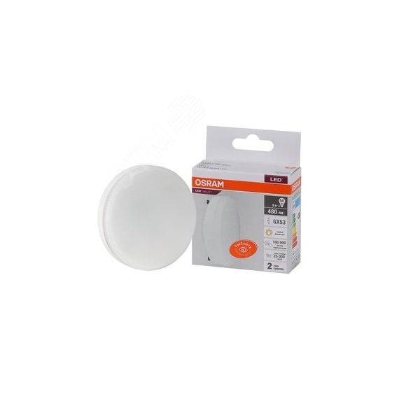 Лампа светодиодная LED 6 Вт GX53 3000К 480Лм таблетка 220 В (замена 50Вт) OSRAM LEDVANCE 4058075581975