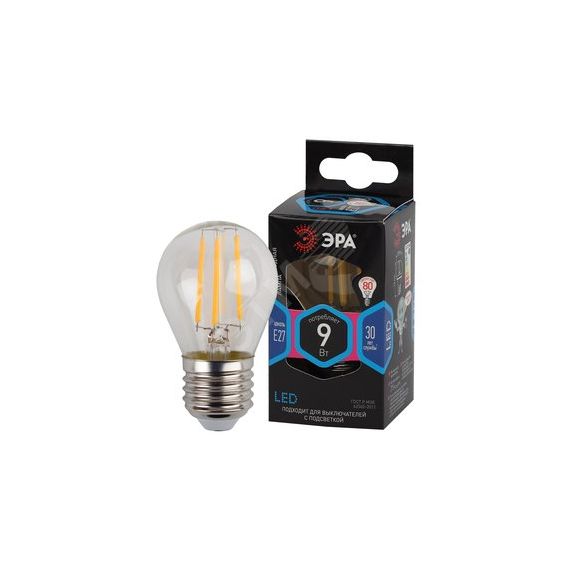 Лампа светодиодная F-LED P45-9w-840-E27 (филамент, шар, 9Вт, нейтр, E27) (10/100/4000) ЭРА Б0047029