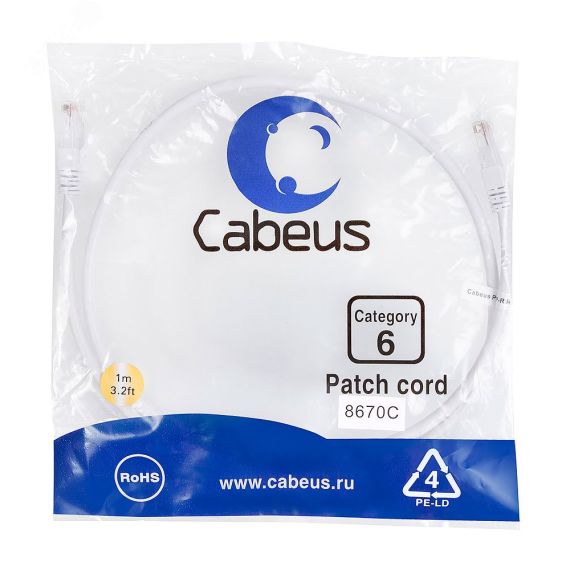 Патч-корд U/UTP, категория 6, 2xRJ45/8p8c, неэкранированный, белый, PVC, 1м Cabeus PC-UTP-RJ45-Cat.6-1m-WH