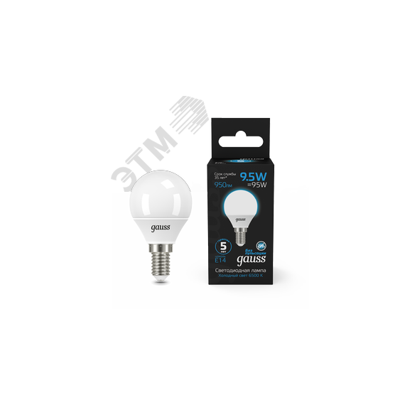 Лампа светодиодная LED 9.5 Вт 950 лм 6500К AC150-265В E14 шар P45 холодная Black Gauss 105101310