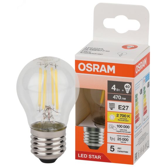 Лампа светодиодная филаментная LED Star Шарообразная 4Вт (замена 40Вт), 480Лм, 2700К, цоколь E27 OSRAM LEDVANCE 4058075684607