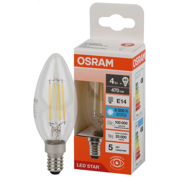 Лампа светодиодная филаментная LED Star Свеча 4Вт (замена 40Вт), 470Лм, 6500К, цоколь E14 OSRAM LEDVANCE 4058075687943
