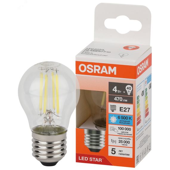 Лампа светодиодная филаментная LED Star Шарообразная 4Вт (замена 40Вт), 470Лм, 6500К, цоколь E27 OSRAM LEDVANCE 4058075688285