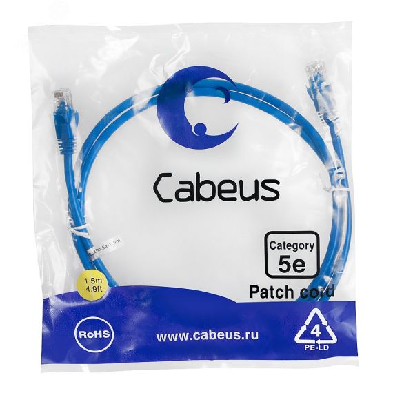 Патч-корд U/UTP, категория 5е, 2xRJ45/8p8c, неэкранированный, синий, PVC, 1.5м Cabeus PC-UTP-RJ45-Cat.5e-1.5m-BL