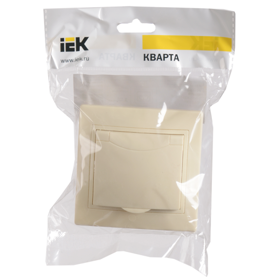 KVARTA Розетка 1-местная с заземлением с защитными шторками с крышкой 16А РСбш10-3-ККм кремовый IEK