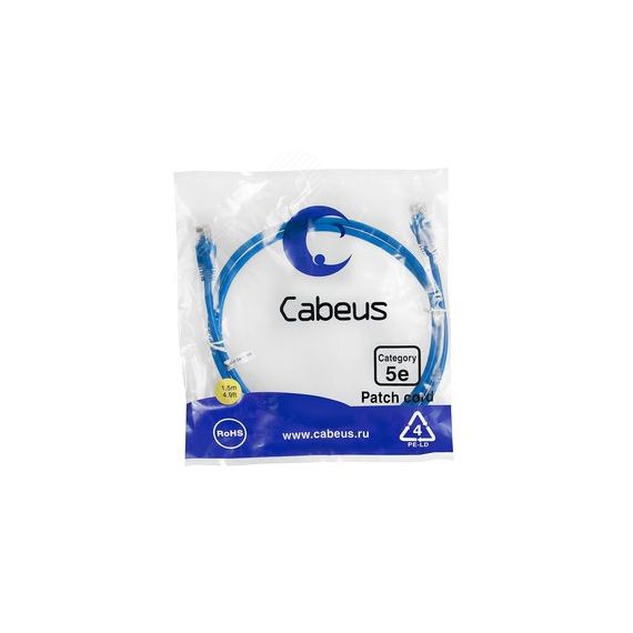 Патч-корд U/UTP, категория 5е, 2xRJ45/8p8c, неэкранированный, синий, PVC, 1.5м Cabeus PC-UTP-RJ45-Cat.5e-1.5m-BL