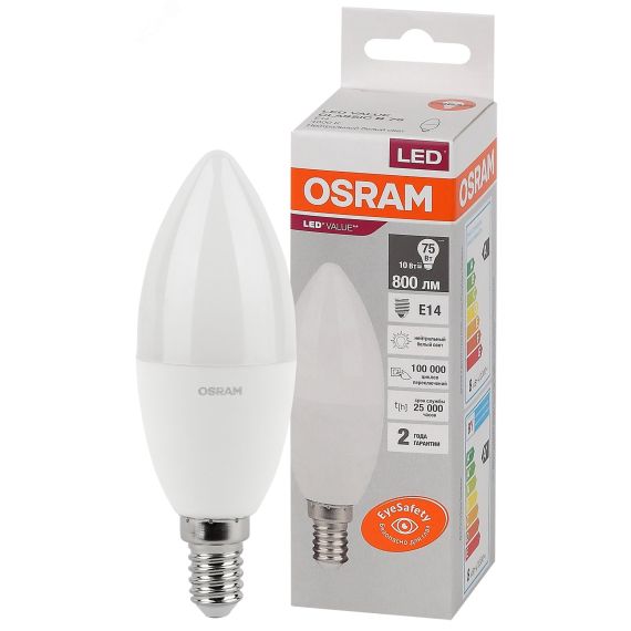 Лампа светодиодная LED 10 Вт E14 4000К 800Лм свеча 220 В (замена 75Вт) OSRAM LEDVANCE 4058075579187