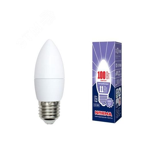 Лампа светодиодная LED-C37-11W/DW/E27/FR/NR . Форма свеча, матовая. Серия Norma. Дневной белый свет (6500K). Картон. ТМ Volpe Uniel UL-00003813