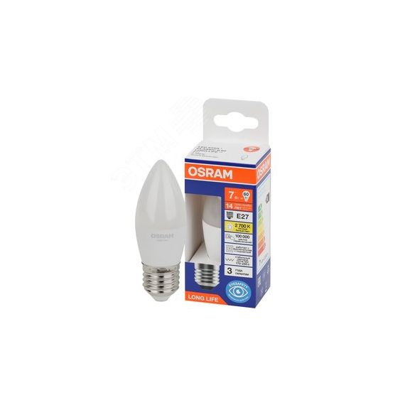 Лампа светодиодная LED 7Вт Е27 2700К 600Лм свеча 220В (замена 60Вт) OSRAM LEDVANCE 4099854186332