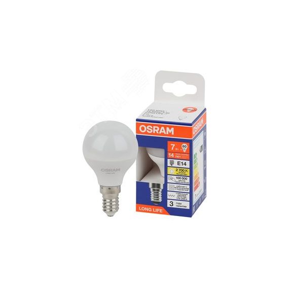 Лампа светодиодная LED 7Вт Е14 2700К 600Лм шар 220В (замена 60Вт) OSRAM LEDVANCE 4099854186424