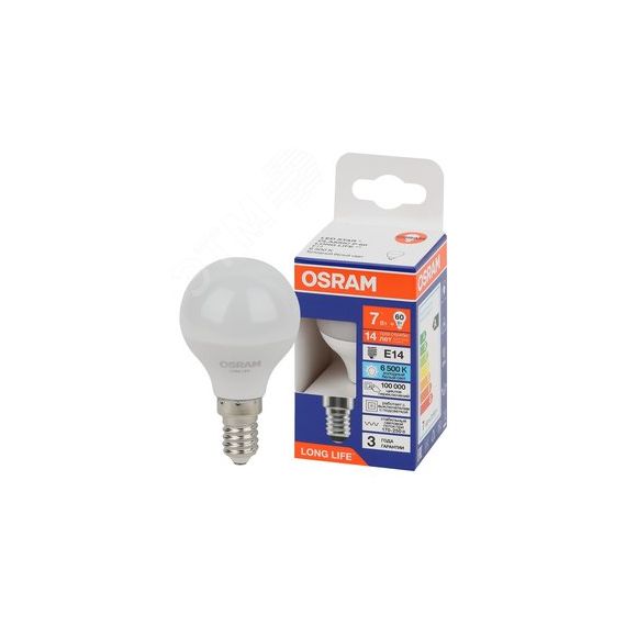Лампа светодиодная LED 7Вт Е14 6500К 600Лм шар 220В (замена 60Вт) OSRAM LEDVANCE 4099854186486