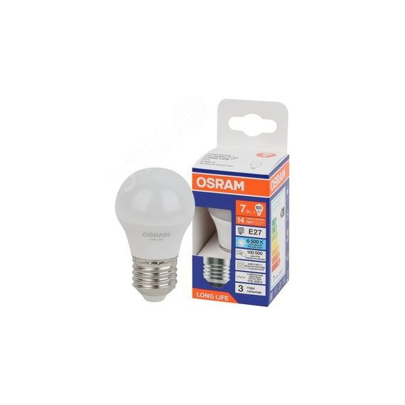 Лампа светодиодная LED 7Вт Е27 6500К 600Лм шар 220В (замена 60Вт) OSRAM LEDVANCE 4099854186578