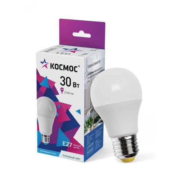 Лампа светодиодная LED 30Вт 220В Е27 D70х136 6500К холодный A70 КОСМОС LkecLED30wA70E2765