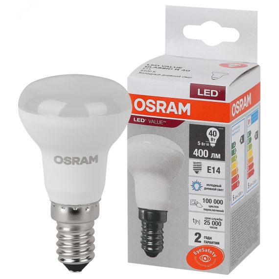Лампа светодиодная LED 5 Вт E14 6500К 400Лм гриб 220 В (замена 40Вт) OSRAM LEDVANCE 4058075582606